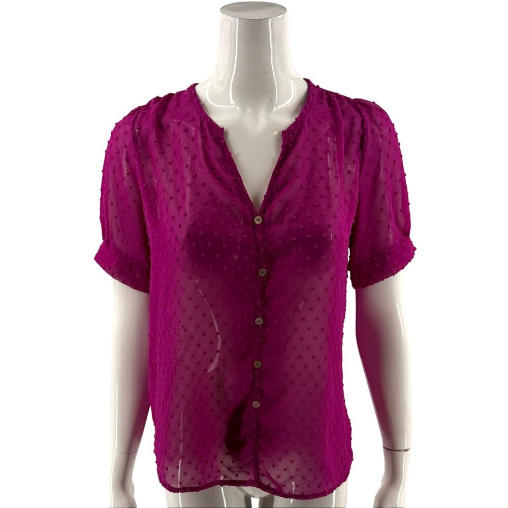Prevett Womens Top Size Small Magenta Pink Swiss Dot Sheer V Neck Blouse